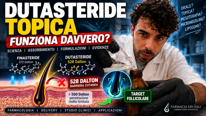 Dutasteride topica per alopecia androgenetica: assorbimento, 500 Dalton e formulazioni