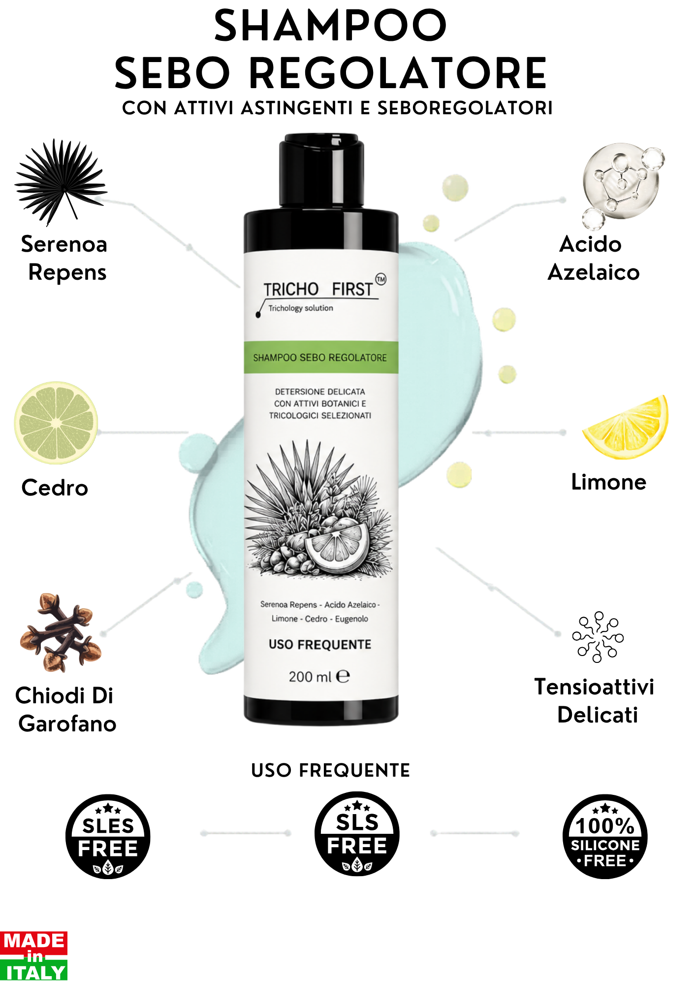 SHAMPOO SEBO REGOLATORE - TRICHO FIRST USO FREQUENTE CAPELLI GRASS SERENOA ACIDO AZELAICO ACIDO SALICILICO CEDRO LIMONE CHIODI GAROOFANO