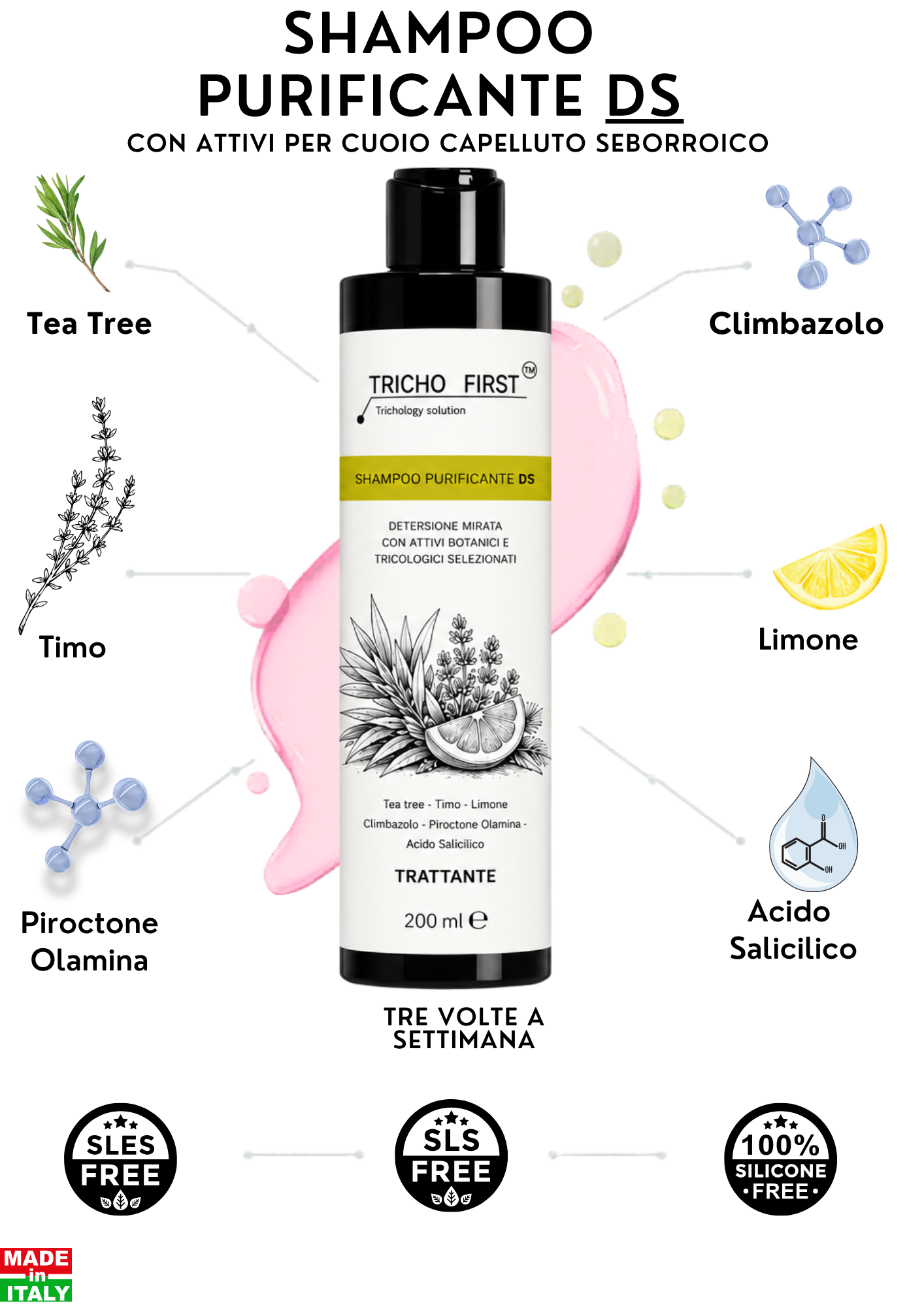 SHAMPOO DS PURIFICANTE TRICHOFIRST - TRATTANTE - FORFORA SECCA E GRASSA  - CLIMBAZOLO PIROCTONE OLAMINA TEA TREE ACIDO SALICILICO LIMONE