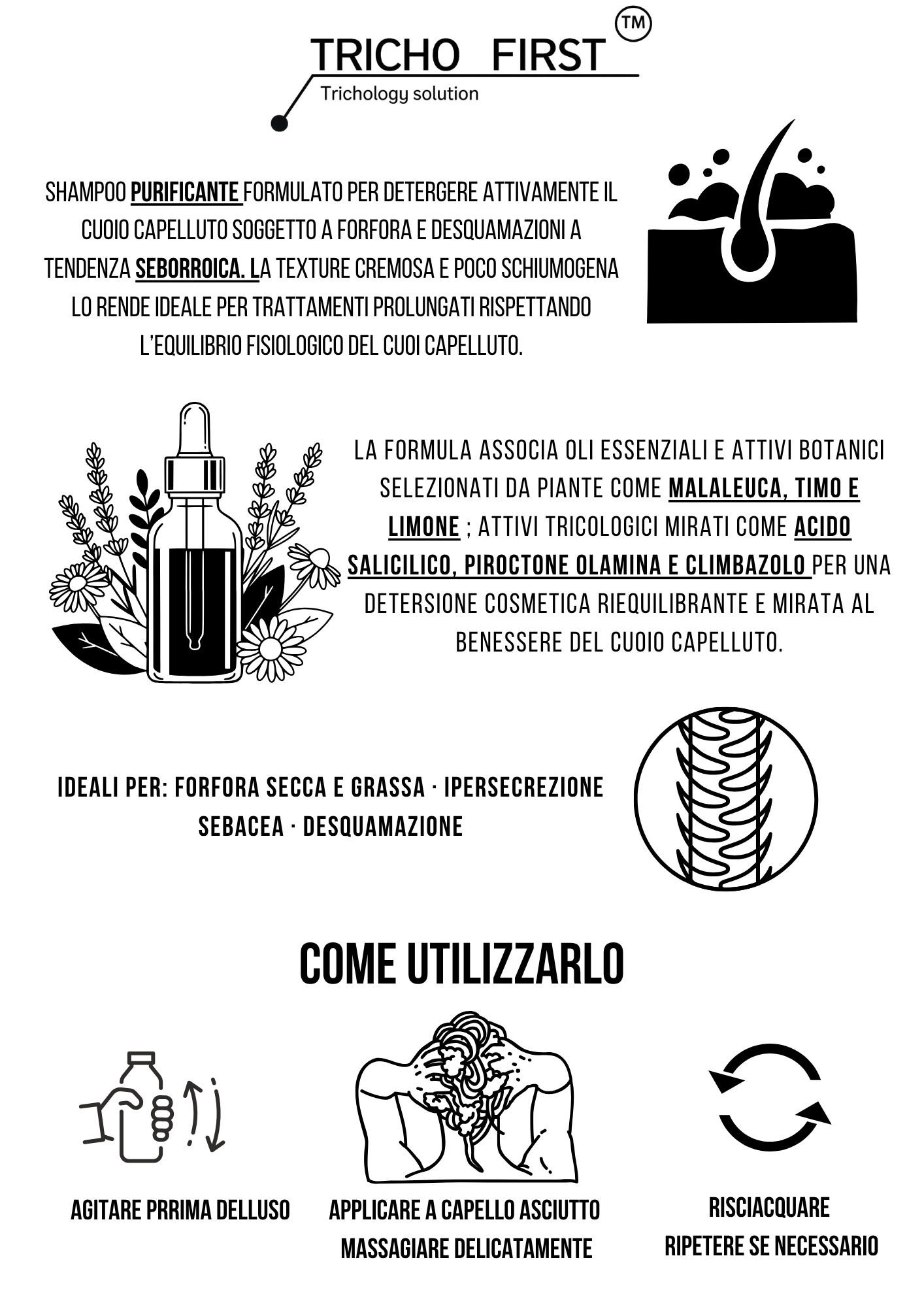 SHAMPOO DS PURIFICANTE TRICHOFIRST - TRATTANTE - FORFORA SECCA E GRASSA  - CLIMBAZOLO PIROCTONE OLAMINA TEA TREE ACIDO SALICILICO LIMONE
