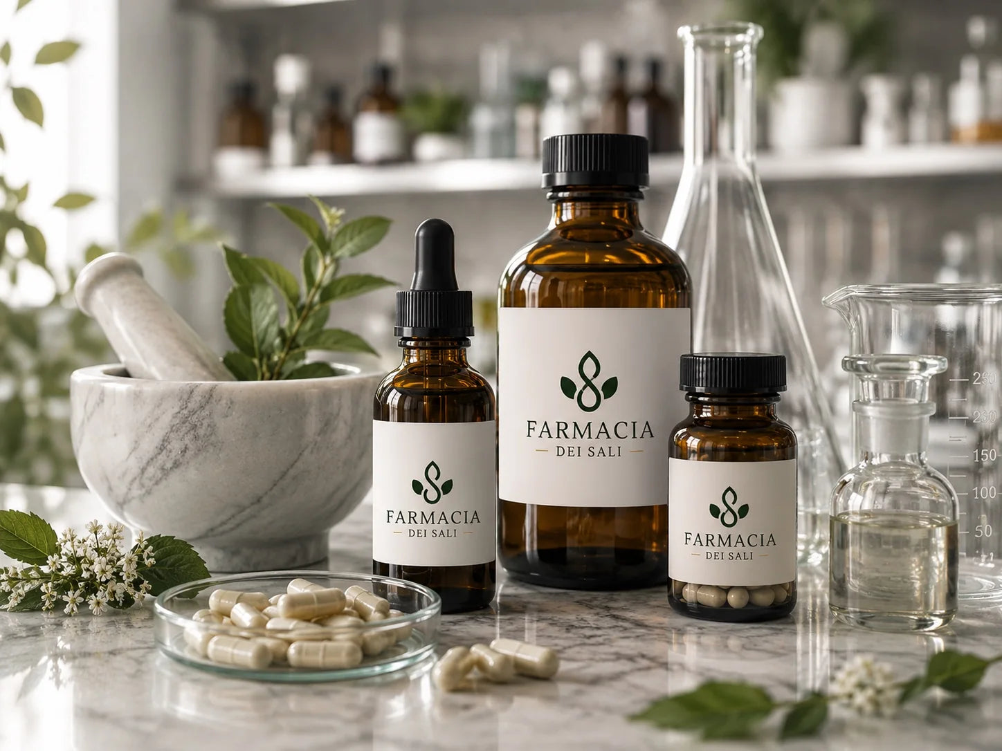 Flaconi galenici, contagocce, capsule, mortaio e vetreria con il marchio Farmacia dei Sali