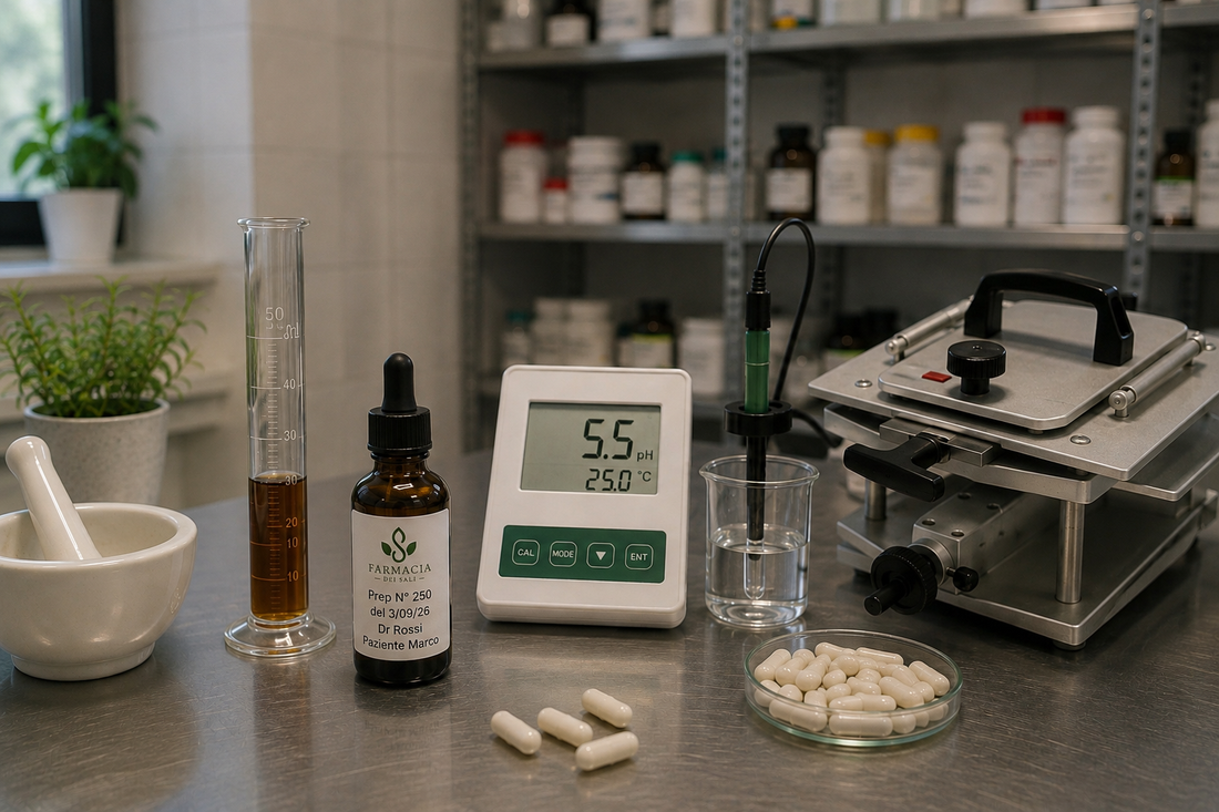 Banco del laboratorio galenico Farmacia dei Sali con pHmetro a 5,5, cilindro graduato, flacone ambrato e incapsulatrice manuale